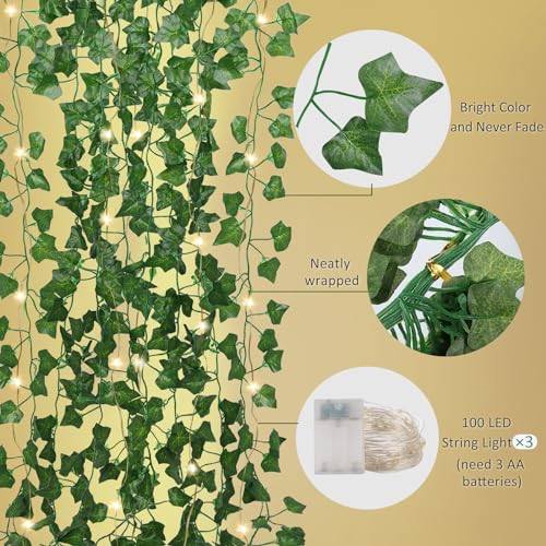 RECUTMS Artificial Ivy Vines 250 FT with 300 LED String Light Leaf Garland Fake Hanging Plants for Long Leaves Greenery Room Garden Office Wedding Wall Shower Patio Outdoor Indoor Decor (36 Pack) - color: Green-36 Light