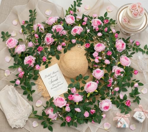 2 PCS 12FT Bendable Flower Garland, Artificial Rose Vine Hanging Floral Garland Decoration for Weding Home Room Wall Decor (Pink) - color: Pink, size: 2pcs