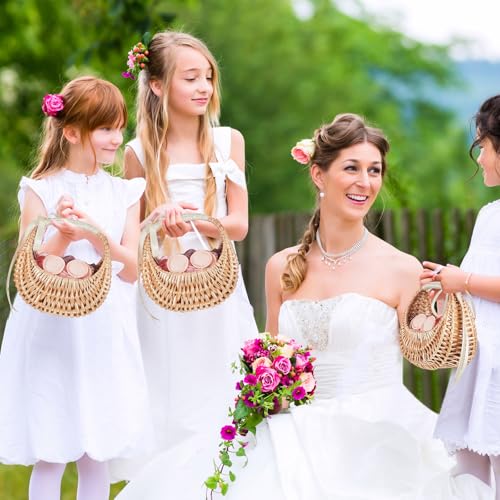 Taiyin Rattan Flower Girl Basket Small Half Moon Straw Wicker Basket with Handle Ideal for Wedding Flower Girl,Picnic,Garden Storage and Home Decor(White Ribbon) - style: White Ribbon