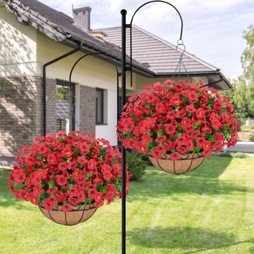 Bassion Artificial Hanging Flowers for Outdoors, UV Resistant Silk Flowers Basket Red Faux Daisy with Eucalyptus Leaves Hanging Fake Plants for Porch Balcony Patio Home Spring Summer Decoration - color: Red