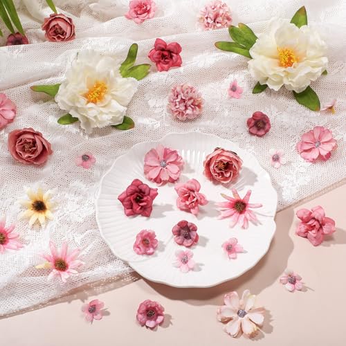 Thiccywoov 250 Pcs Artificial Flowers Heads Bulk Mini Silk Mix Flowers Fake Peony Daisy Rose Multicolor for Blossom Wreath Bouquets Wedding Home Decorations Party Craft Garland DIY(Pink) - color: Pink