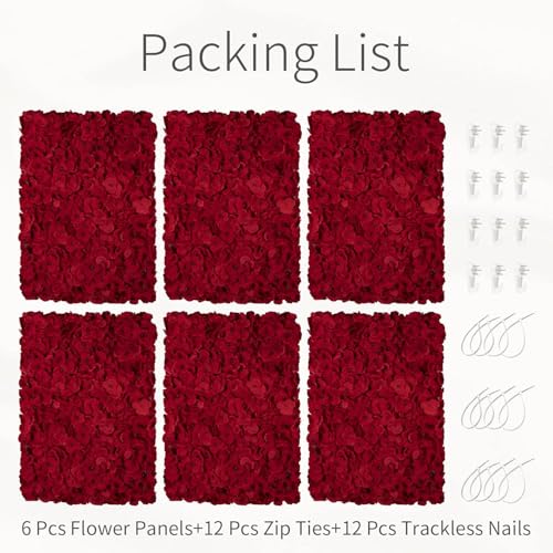 Flower Wall Panel Backdrop: 6 Pcs 24 x 16 Inch Red Artificial Hydrangea Floral Panels - color: Red, size: 6 PCS