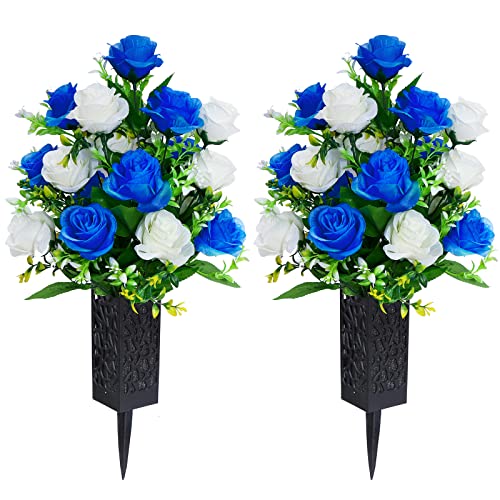 LVXINLI 2 Sets Artificial Cemetery Flowers,Memorial Flowers,Beautiful Arrangements for Headstones,Black Plastic vase with Drainage Hole Long Spikes Outdoor Memorials(Dark Blue)… - color: Dark Blue