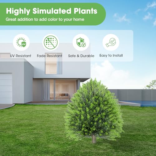 25.6" Artificial Cedar Topiary Ball Plants: Set of 2 Fake Cypress Bushes with Spike – UV Resistant Artificial Shrubs, Evergreen Fake Tree for Outdoor Indoor Porch Garden Balcony - color: Pine