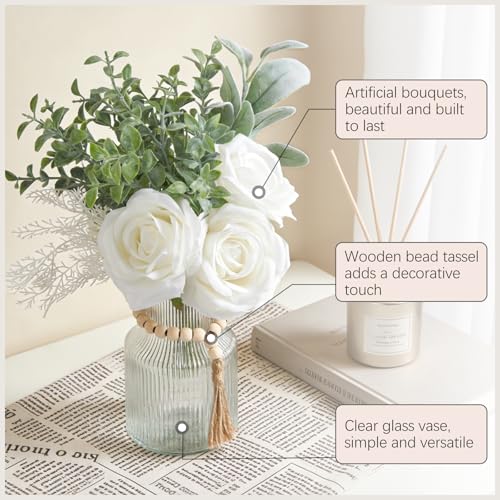 Mkono Fake Flowers in Vase, Artificial Flowers Centerpieces Coffee Table Decor Faux Flowers Arrangement for Home Decor Indoor Floral Bouquet for Bathroom Dining Kitchen
