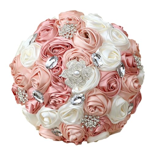 Blush Pink and Ivory Wedding Bouquet with Silver Brooch Bling Rhinestone Satin Dusty Rose Flower Bridal Bouquet for Bride Bridesmaid Quinceanera Bouquet Wedding Blush Pink and Ivory 9.8in - color: Blush, Pink & Ivory(silver Brooch), size: Diameter: 9.8 in
