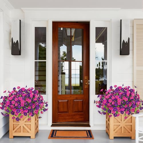 Artificial Flowers for Outdoors, 16 Bundles Mix Color Silk Fake Flowers Morning Glory UV Resistant Eucalyptus Plants Faux Petunias Plants for Porch Garden Planters Window Box Outside Indoor Decor - color: Purple Fuchsia