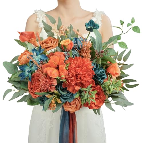 TINGE TIME 13 Inch Burnt Orange & Dark Teal Wedding Bouquets for Bride, Bridal Bouquet for Bride, Artificial Silk Rose for Graduation Bouquet, Fake Flowers for Fall Wedding Ceremony and Anniversary - color: Burnt Orange & Dark Teal