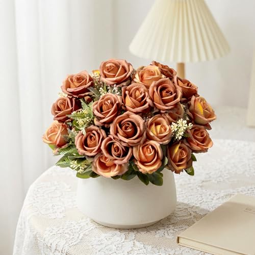 Fake Roses Burnt Orange Roses Artificial Roses Silk Roses Artificial Roses with Stems 24 Full Flower Heads Faux Roses for Outdoor Indoor Centerpieces home Wedding Farmhouse Decoration No Vase(4PCS) - color: Burnt Orange 4pcs