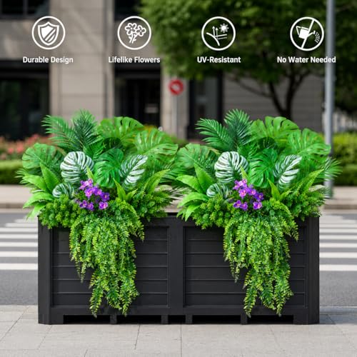 Tall Artificial Greenery Outdoor Faux Plants Hanging Ferns,10Bundles Faux Shrubs Fake Monstera Palm Boston Fern Plants for Outdoor Planters, Realistic UV Resistant Tropical Leaves for Window Box - color: Purple Green01