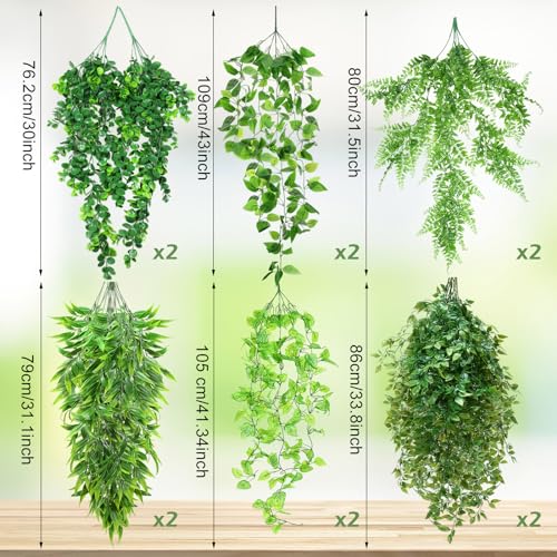 Hoteam 12 Pcs Artificial Hanging Plants 32 Inch Fake Ivy Vines with Fake Leaves Patio Artificial Plants Greenery for Living Room Indoor Outdoor Wall, No Basket (6 Style Mixed) - color: 6 Style Mixed