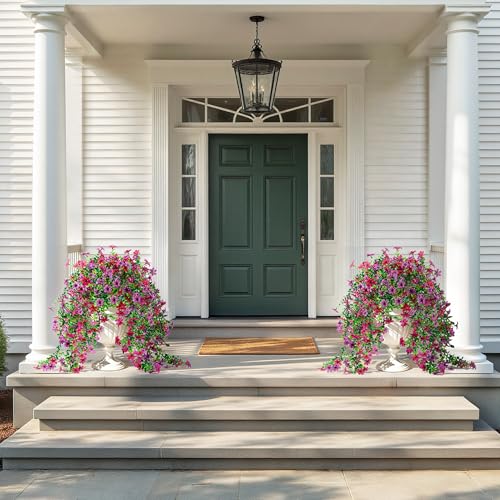 QCQHDU Artificial Hanging Flowers for Outdoors,2Pcs Fake Hanging Plants 29.5 Inch Long for Spring Summer Decoration,UV Resistant Faux Flowers for Patio Porch Garden Yard Decor, Light Purple Red - color: Light Purple Red