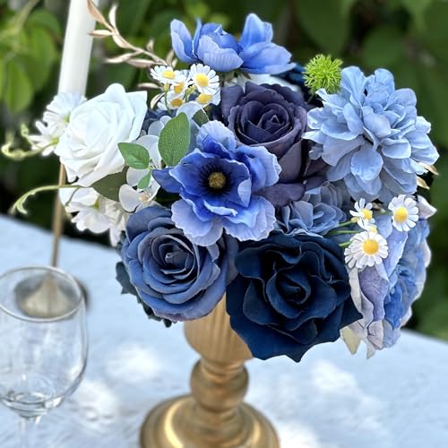 Dusty Blue Roses Silk Artificial Flowers Combo for DIY Bouquet Centerpieces Floral Arrangements, Navy Blue White Faux Flower with Stem Multi Use Wedding Party Home Decorations - color: Dusty Blue White
