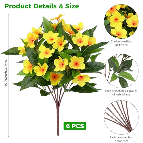 Ouddy Decor 6 Bundles Artificial Flowers for Outdoors Decorations, Fake Silk Flowers Faux Plants Plastic Bouquet UV Resistant for Porch Garden Wedding Spring Summer Indoor Outside Home Decor, Yellow - color: Yellow