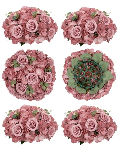 BLOSMON Artificial Flower Balls Wedding Centerpieces 6 Pcs 15.7" Large Dusty Pink Fake Flowers Rose Hydrangea Ball Arrangement Center Pieces for Table Silk Floral Bouquet for Wedding Party Home Decor - color: Dusty Rose, size: Diam 15.7" - 6 Pcs