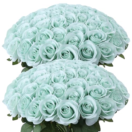 JUSMAI 30pcs Sage Green Roses Artificial Flowers Real Touch Fake Flowers with Long Stems Silk Flowers for Wedding Bouquet Centerpices Decorations Party Bridal Baby Shower Home Decor - color: Sage Green, size: 30PCS