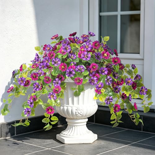 Hrobek Fake Artificial Flowers Hanging for Outdoors Decor, 2 Bundles UV Resistant Faux Silk Flowers for Planters Porch Patio Window Yard Balcony Fence Decoration - color: Rose Red, Dark Purple-1