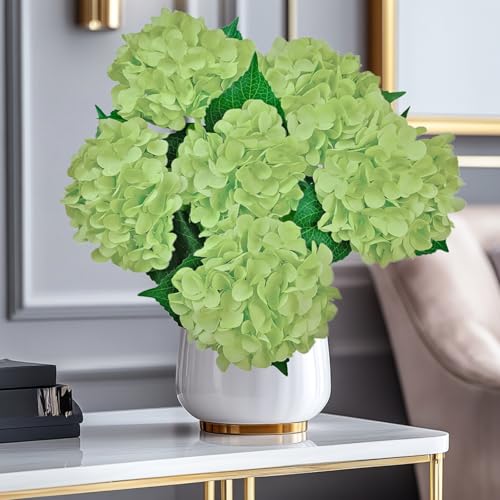 6PCS Green Hydrangea Artificial Flowers arrangments, Bulk Silk Fake Flower with Stems, Faux Hydrangeas Bouquets for Home Décor, Wedding, Party, and Office Table Centerpieces. - color: Green