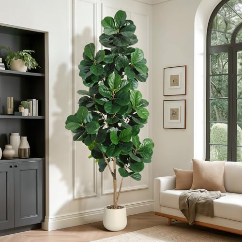 7 ft Fiddle Leaf Fig Tree Artificial with 141 Leaves - Realistic Faux Ficus Lyrata Trees in 9 in White Planter Pot, Indoor Fake Floor Plants for Home Office Living Room Decor, Housewarming Gift - color: With White Planter, size: 7ft