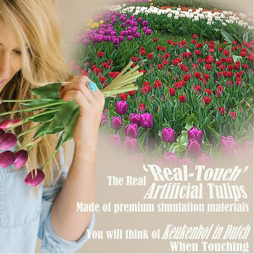20pcs Artificial Tulip Flowers,16 Inch Real Touch Tulip Stems with Faux Leaves, Faux Tulips and Buds for Home Décor Centerpiece Ornament Wedding Bouquet,Deep Purple - color: Deep Purple