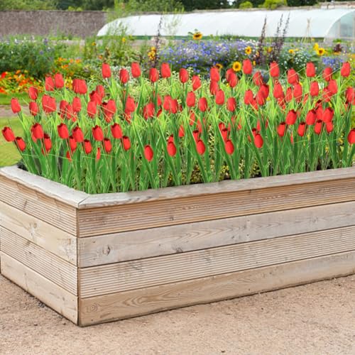 10 Bundles Artificial Tulips Flowers Outdoor,16.5 inch UV Resistant Fake Tulips Real Touch Flowers,Faux Tulips Realistic Flowers for Home Garden Outside Wedding Decor (Red) - color: Red
