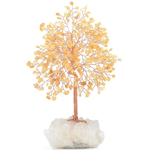 Gemstone Crystal Tree of Life,Natural Citrine with Row Clear Quartz Base,Chakra Healing Crystals Positive Energy Fengshui Decor Bonsai Money Tree,Home Decor Gift Height 8.5-9 Inches - color: Citrine Tree With Quartz Base
