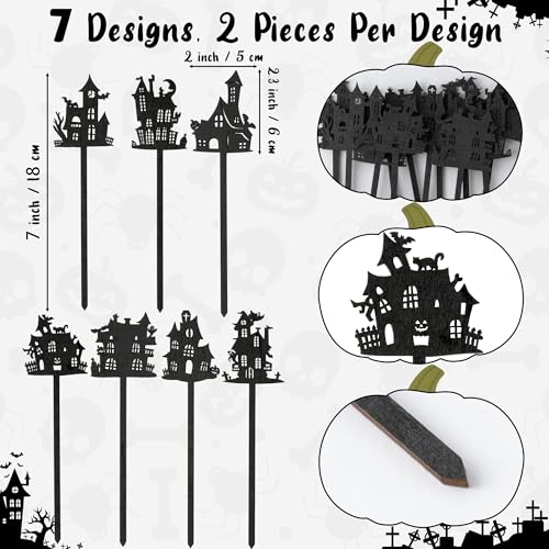 TICIAGA Halloween House Wooden Picks - 14PCS Haunted House Double-sided Decorative Pick for Home Vase Filler Wood Silhouette Black Pumpkin Boo Ghost House Floral for Halloween Party Home Kitchen Decor - color: Halloween House