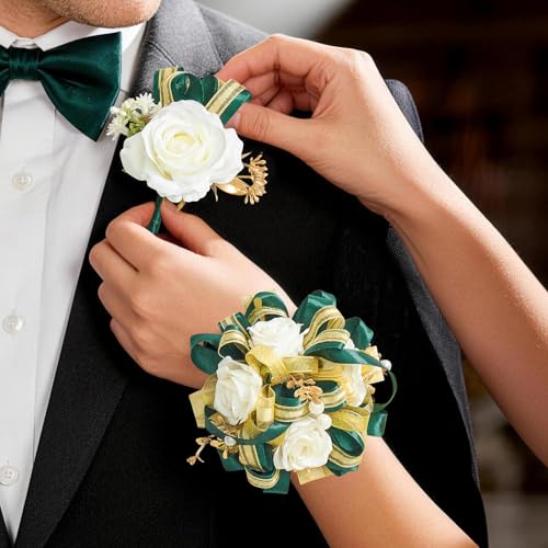 Prom Corsage and Boutonniere Set, Artificial Silk Ivory Rose Wrist Corsage with Dark Green Ribbon for Homecoming, Formal Dance Party, Wedding, Graduation, Anniversary - color: A-green&white