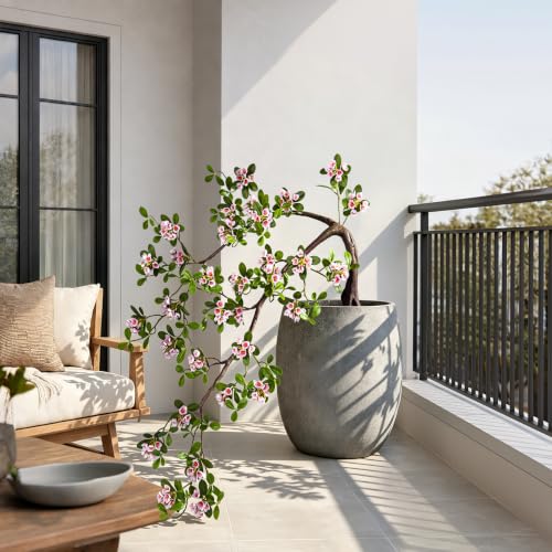 Large Artificial Bonsai Tree Artificial Flowering Tree Indoor Faux Decorative Plant for Living Room Home Office Décor Lifelike Branching & Natural Leaf Color Tree Madagascar Almond Style (Pink) - color: Pink