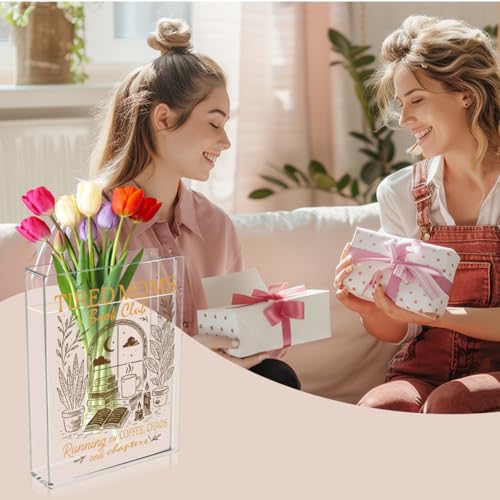 Moms Book Flower Vase Mothers Day Birthday Book Lover Gifts for Mom Mother from Daughter Son Coffee Chaos and Chapters Tired Moms Funny Acrylic Book Shaped Vase Decor for Home Office Table Vase 3804 - style: Casual