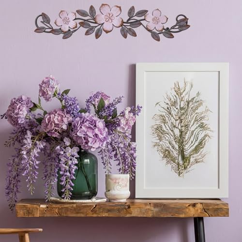 Wesiti Metal Flower Wall Decor Vintage Metal Flower Wrought Iron Scroll Sculpture 15.7''x3.7'' Not 3D, Flat Farmhouse Leaf Wall Decor with Nails for Summer Bedroom Kitchen Indoor Outdoor(Purple) - color: Purple