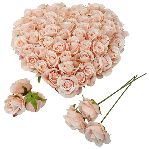 ATFL Artificial Satin Rose Flower Heads,42 Pcs Silk Rose Heads with Stems,3.5'' Rose Artificial Flowers Bulk,Artificial Rose Flower Heads for DIY Crafts Bouquet (42, Blush) - color: Blush