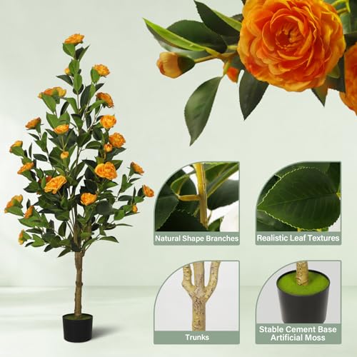 2-Pack 4FT Artificial Camellia Tree,Realistic Fake Potted Plants with Flowers&Planters,Indoor/Outdoor Faux Flowering Trees for Home,Office,Porch,Wedding,and Housewarming Gift Decor,Orange - color: Orange