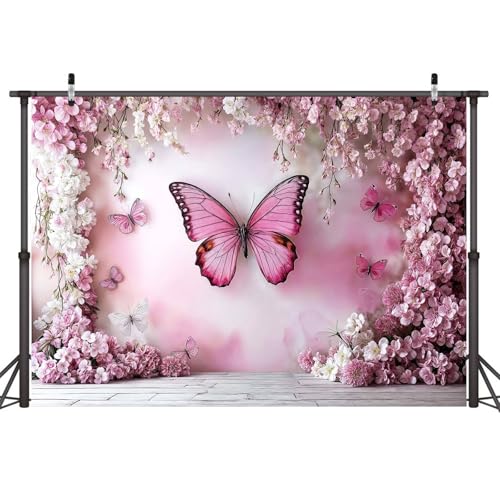 5x3ft Flower Butterfly Wall Backdrop Pink Floral Princess Girl Birthday Party Photography Background Photo Backdrop Art Wedding Banner Photo Studio Props - color: Pink02, size: 5X3FT