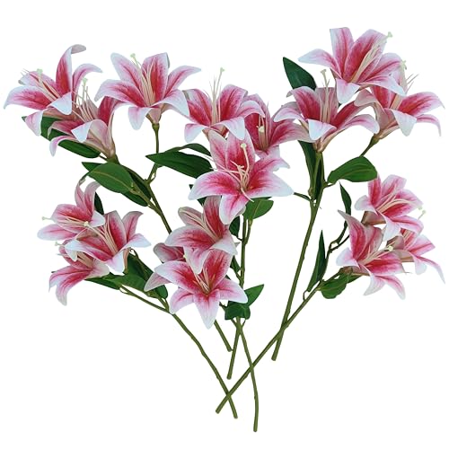 Artificial Lily Flowers,6 Pcs Faux Lily Flowers,23 Inch Long Stem Tiger Lily Branch with 3 Full Blooms and 4 Leaves, Latex Real Touch Lilium Flower for Wedding Bouquet (6, hot Pink) - color: Hot Pink