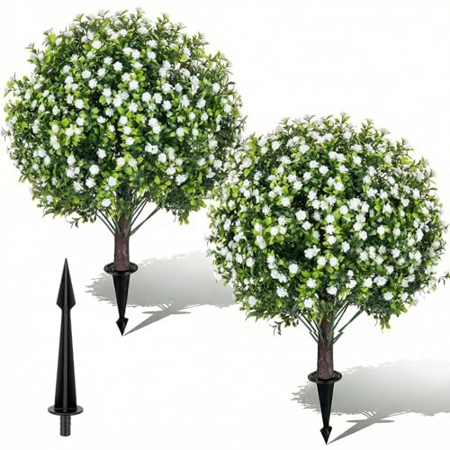 Artificial Boxwood Topiary Ball Trees with Baby Breath Flowers with Spikes for Outdoor 24" Set of 2 , UV Resistant Faux Greenery Shrubs, Realistic Fake Bushes Plant for Garden Yard Front Porch Decor - color: Boxwood Baby Breath