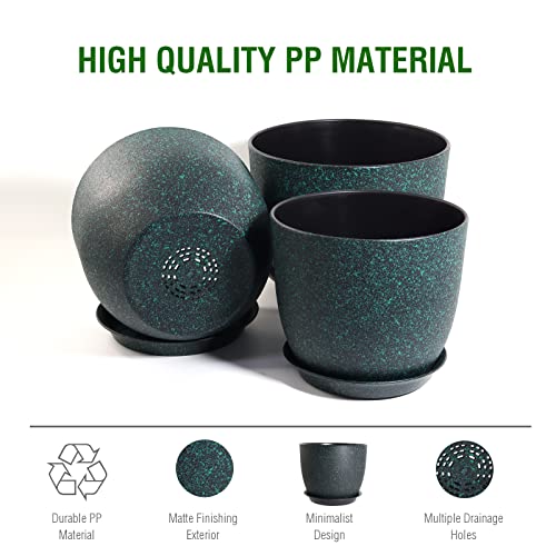 WOUSIWER Plant Pots 10/9/8 inch, Set of 3 Modern Decorative Plastic Planters with Drainage Holes and Saucers for House Plants Indoor Flowers Plants, Black with Green Speckles - color: Black With Green Speckles