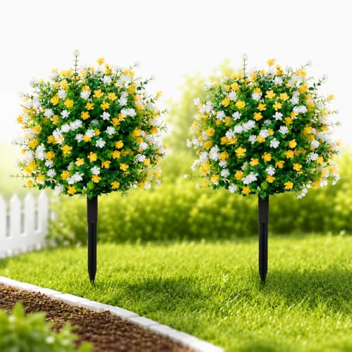 Outdoor Artificial Flowers Topiary Ball Tree with Stake,2Pack Spring Fake Boxwood Topiary Ball Faux Greenery Shrubs,Realistic UV Resistant Fake Plants Bushes for Indoor Front,Diameter15.8 - color: White+yellow