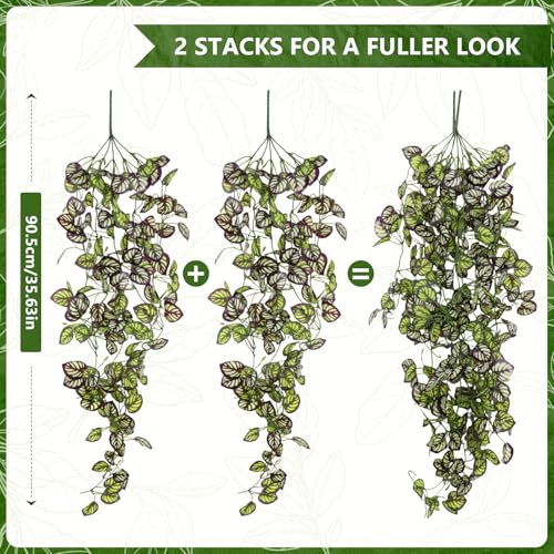 2-Pack Fake Hanging Plants, Faux Hanging Plant Artificial Greenery for Living Room Bedroom Boho Wall Shelf Indoor Outdoor Decor (Purple Feather Leaf) - color: Purple Feather Leaf