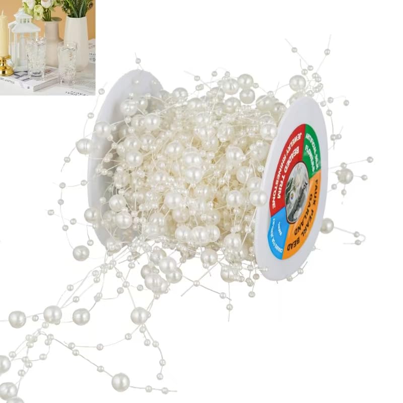 13Feet Pearl String Spool Roll for Floating Candles Faux Pearls Strands Garland for Vase Filler Wedding Centerpiece Christmas Table Decor (Ivory) - color: Ivory