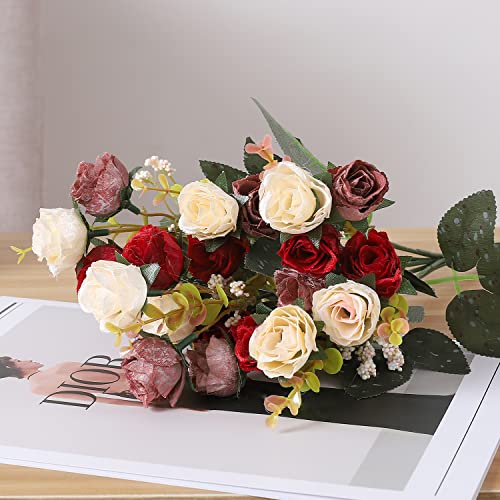 Duovlo 7 Branch 21 Mini Rose Heads Artificial Flowers Bouquet Wedding Home Office Decor,Pack of 2 (2 PCS Red) - color: 2 Pcs Red