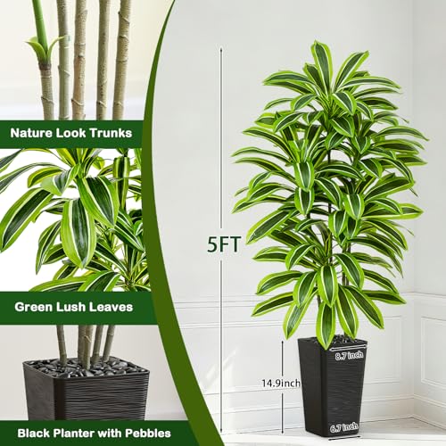 Artificial Yellow Dracaena Tree - 5FT Tall Fake Plants with Black Planter - Artificial Plants Indoor Floor Plant in Pot - Large Tropical Fake Yucca Potted Tree for Home Office Living Room Decor - color: Black-yellow Leaf, size: 5 FT