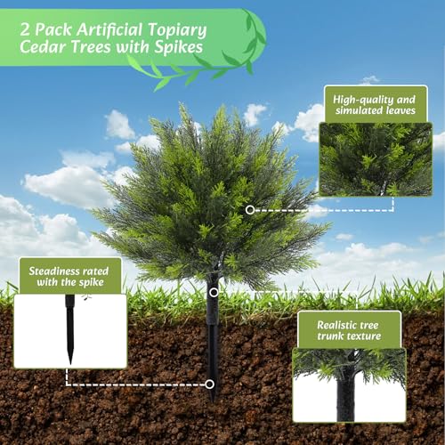 Bdor 24" Artificial Cedar Topiary Bush with Ground Stake, UV Resistant Fake Cedar Shrubs for Outdoors, Weatherproof Faux Greenery Plants for Garden, Patio, Yard, 2 Pack - style: cedar