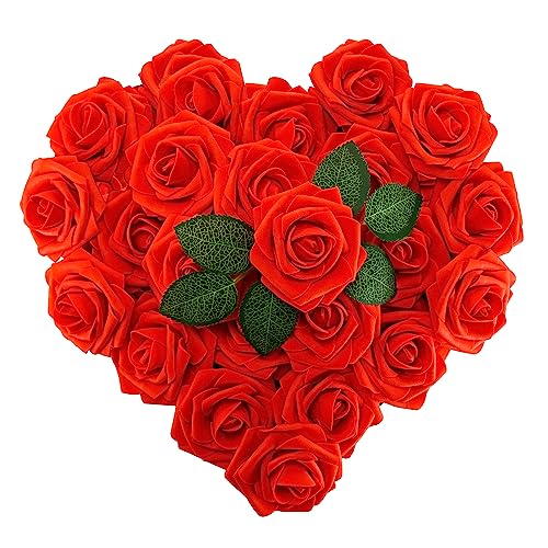 [25PCS] Red Roses Artificial Flowers with Long Stem Real Touch Fake Foam Roses for Decoration DIY Wedding Bouquets Centerpieces Bridal Shower Mothers Day Party Flower Arrangements Home Decor - color: Red
