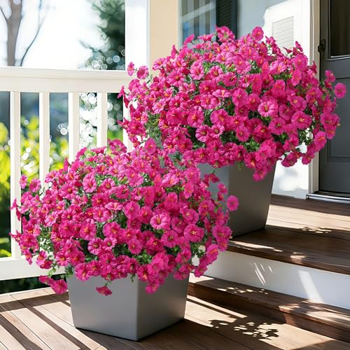 Ivydale 24 Bundles Artificial Flowers for Outdoors Faux Plants Spring Outdoor Decor Faux Silk Morning Glory with Eucalyptus Realistic UV Resistant for Outside Planters Porch Patio Garden Home Decor - color: Fuchsia