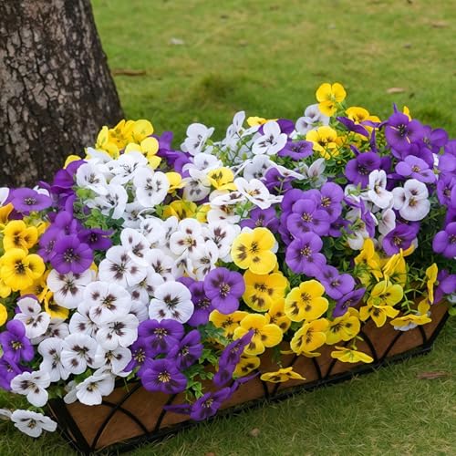 SupBri Artificial Silk Pansy Flowers with Decorative Butterflies, UV Resistant Waterproof No Fade Fake Flowers for Outdoor Pots Garden Patio Decor (White Purple Yellow, 12 Bundles) - color: Yellow/Purple/White