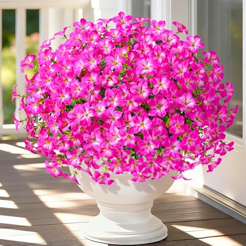 MARTINE MALL 12 Bundles Look Real Artificial Flowers for Outdoors, Realistic Fake Outdoor Flowers, UV Resistant Silk Petunia Flowers for Outside Faux Flowers for Outdoor Garden, Rose Red - color: Mixed Rose Red, size: 12 Bundles