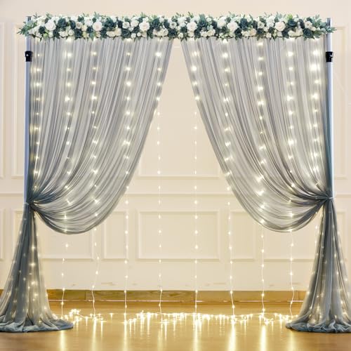 Silver Grey Tulle Backdrop Curtain with Lights String for Parites 10x8ft Sheer Backdrop Curtains for Birthday Party Bridal Shower Baby Shower Wedding Ceremony Prom Photo Booth Background Decorations - color: Silver Grey, size: 10 ft X 8 ft(2 Panels 5ft X