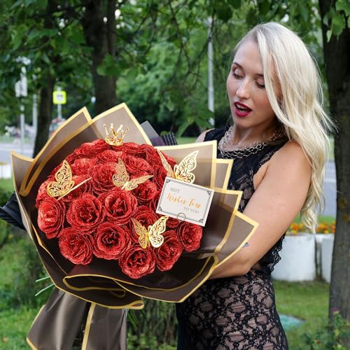 Red Glitter Roses Bouquet, 30 Pcs DIY Fake Flowers Bouquet, Everlasting Shiny Artificial Rose Bouquet for Valentine's Day, Anniversary, Engagement, Wedding - color: Red