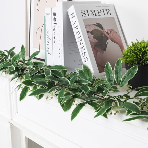 RECUTMS Artificial Olive Leaves Vine Garland with Berry 2Pcs 6.2Ft Faux Silk Green Italian Ruscus Leaf Ivy Fake Hanging Greenery for Indoor Outdoor Home Patio Garden Wedding Arch Party Decor(White) - color: Olive Leaves Vine White